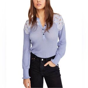 Free People Easy Breezy Applique Lace Henley Top